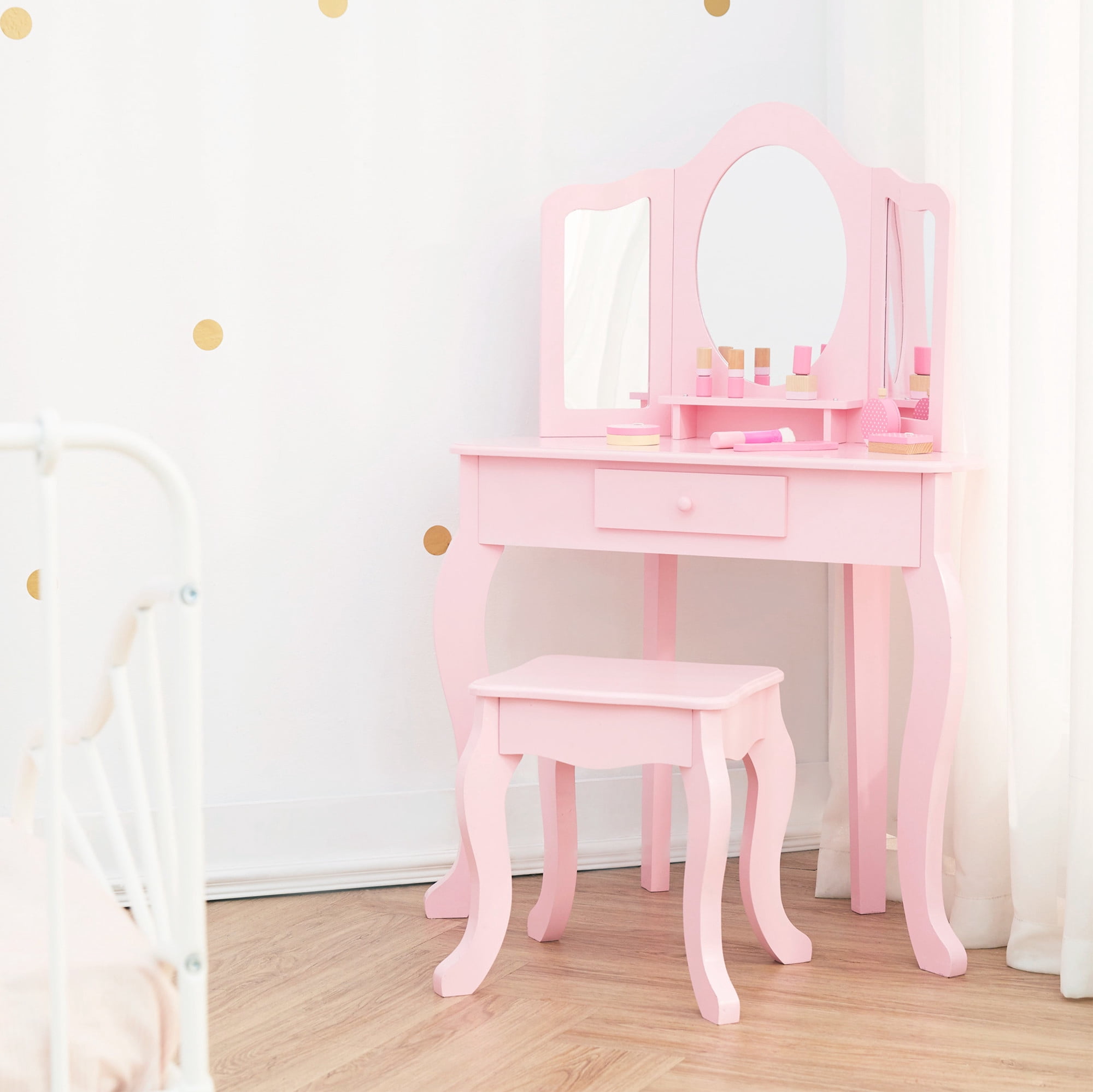 Teamson Kids Alessandra Kids Corner Vanity Table & Stool, Pink