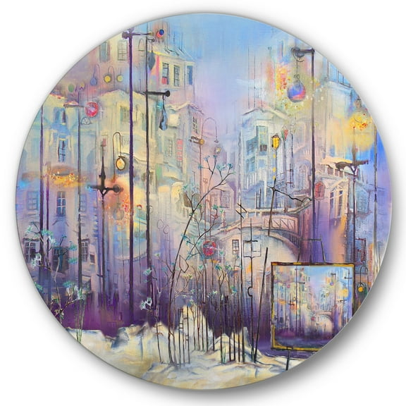 Designart 'Abstract Cityscape With Pastel ' Modern Circle Metal Wall Art 36x36 - Disc of 36