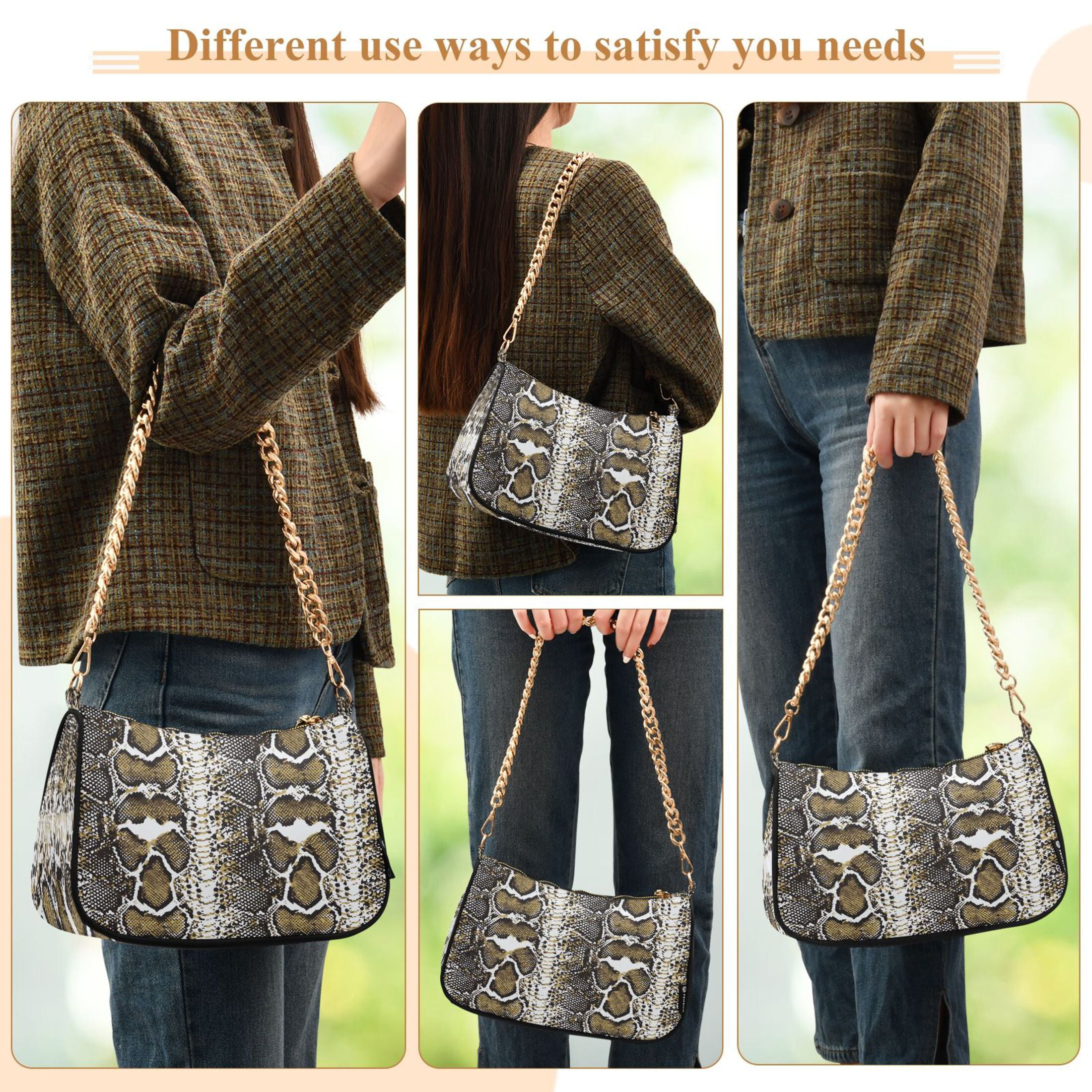 Ryvnso Snake Skin Womens Chain Shoulder Bag Tote Handbags Clutch Hobo Purse with Zipper for Travel