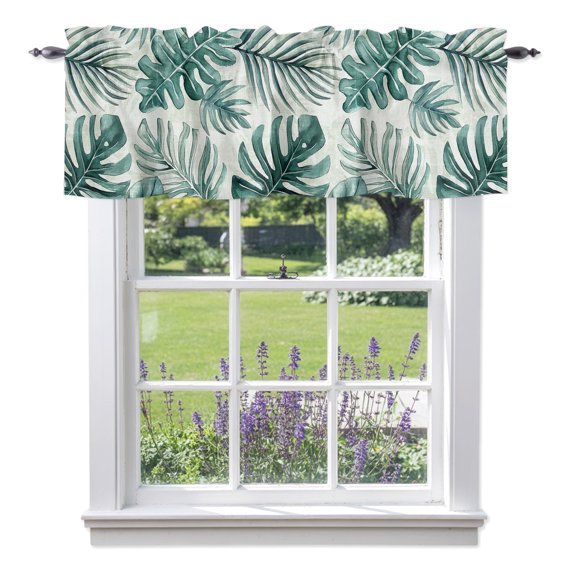 Mint Green Monstera Valances for Windows, Summer Tropical Forest Country Botanical Leaf Valance Window Treatment Rod Pocket Short Curtains Valances for Kitchen Bathroom 42"W x 18"L