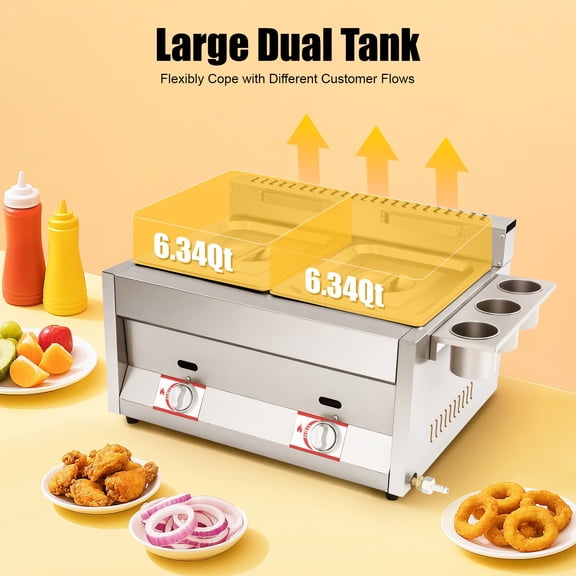 Gas Deep Fryer with Basket and Lid, Commercial Deep Fryer, Stainless Steel Commercial Dual Tank Kitchen Deep Fryer