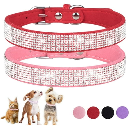 2-Pack Rhinestone Cat Collar Soft Suede Glitter Diamond Jewelry Crystal Girl Puppy Collar with Bow for XXS XS Small Medium Female Dogs & Kitten