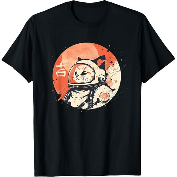 Retro Space Cat Tee – Japanese Minimalist Design with Good Luck Kanji Print