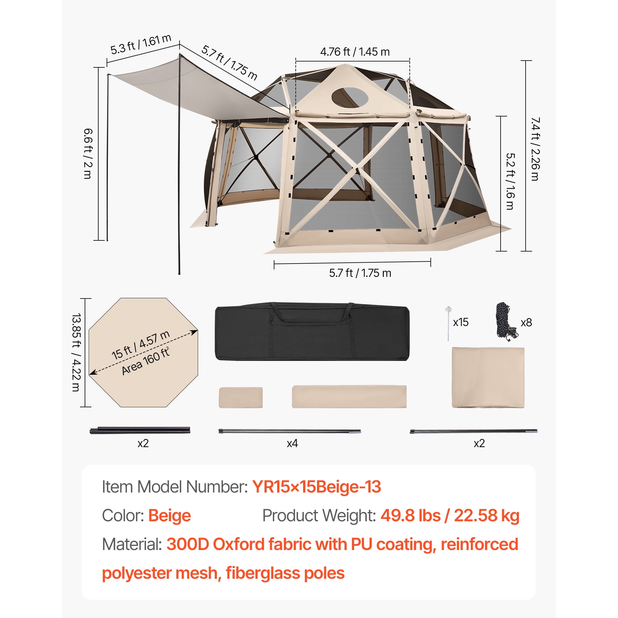 KFFKFF Pop-Up Gazebo Screen Tent, 15 x 15 ft, 13-Sided Dome Camping Canopy with Detachable Roof & Carrying Bag, Easy Setup & Insect-Resistant, Outdoor Sun Shelter for 12-15 People, Beige