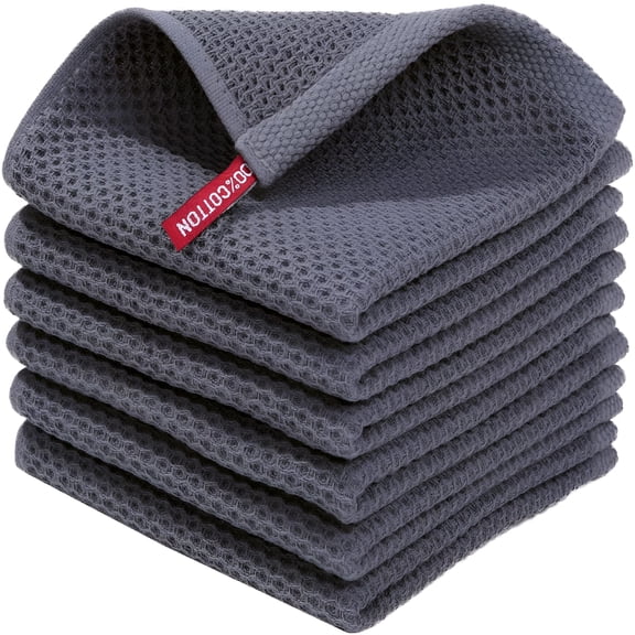 AUQ 100% Cotton Waffle Weave Kitchen Dish Cloths,Ultra Soft Absorbent Quick Drying Dish Towels,12x12"es,6-Pack,Dark Grey