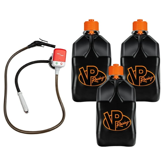 VP Racing 3852-CA, 5.5-Gallon Square Motorsport Jug V-Twin (3 Pack), w/Utility Jug Battery Powered Fuel Transfer Pump (1 Pack)