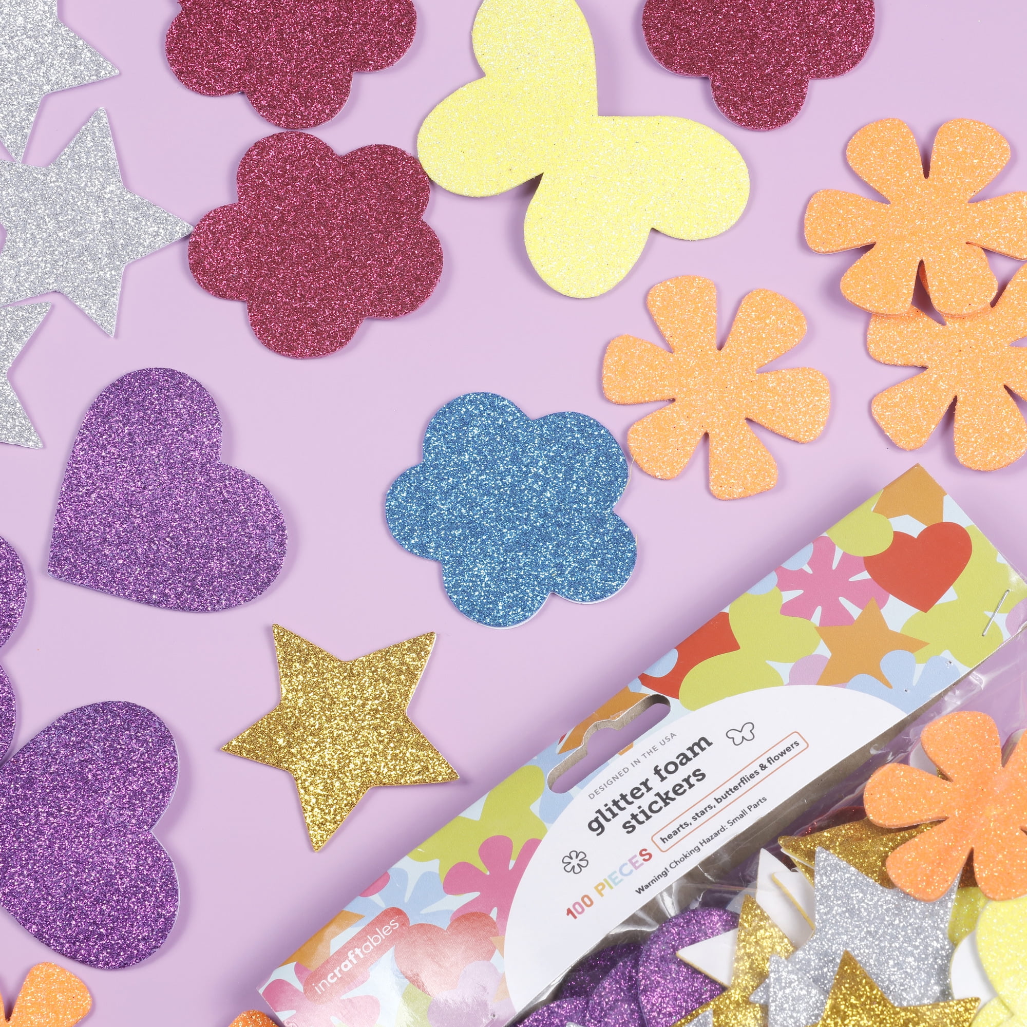Glitter Foam Stickers, 140 Pieces Self-Adhesive Colorful Heart Star Flower Shapes Eva Foam Stickers Self Adhesive Craft Glitter Sticker for Kid's