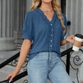 thumbnail image 4 of Hueook Button Down Shirts for Women Casual Boho Short Sleeve Summer Round Neck Loose Shirts Lace Casual Solid Blouses Navy M, 4 of 8