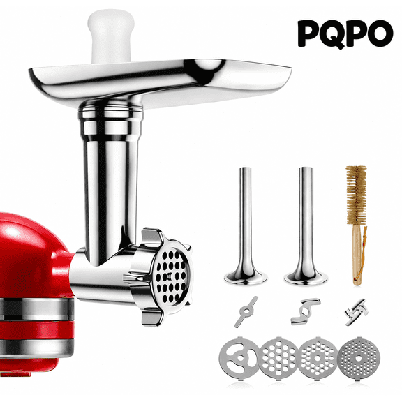 PQPO Metal Food Grinder Attachments for KitchenAid Stand Mixers, Meat Grinder & Sausage Stuffer, 15-Piece Accessories Set, All Metal Design, Silver (Mixer Not Included)
