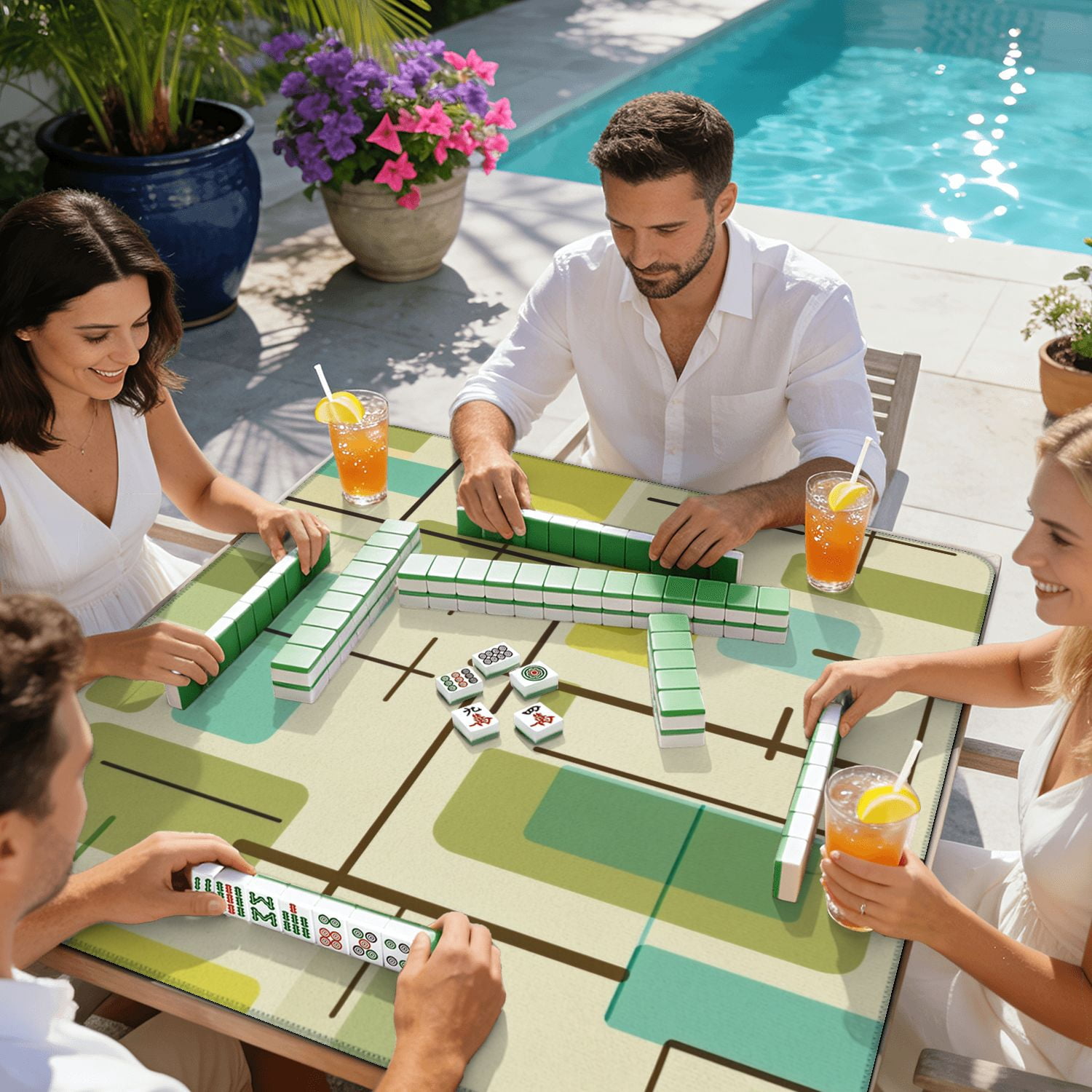 Mahjong Mat 31.5" x 31.5" Retro Geometric Rectangles Lines Green Blue Tones Non-Slip Noise Reduction American Mahjong Tiles Table Cover for Dominoes Poker Card Board Games Gift