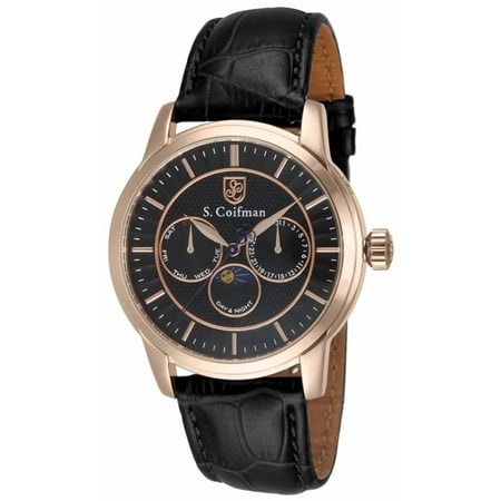 S Coifman SC0215 Men's Multi-Function Black Sunray Dial Leather Watch