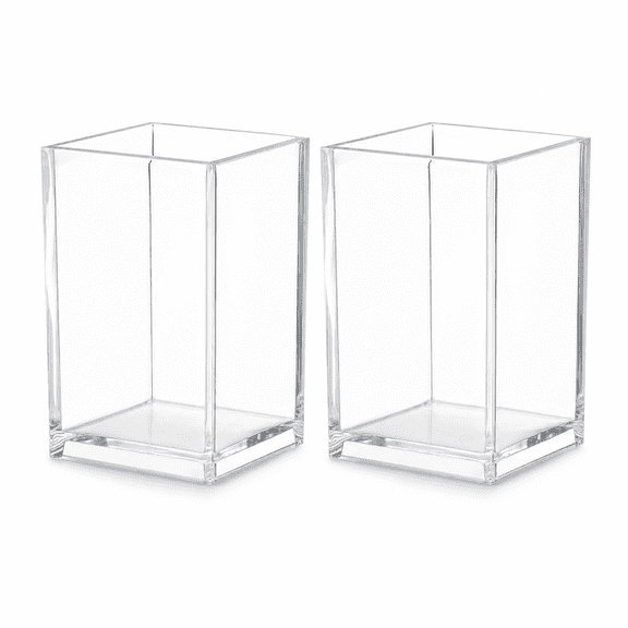 2 Pack Clear Acrylic Pen Holders, 2.6x2.6x4 inch Desk Organizer for Office Home Stationery & Makeup Brush Storage