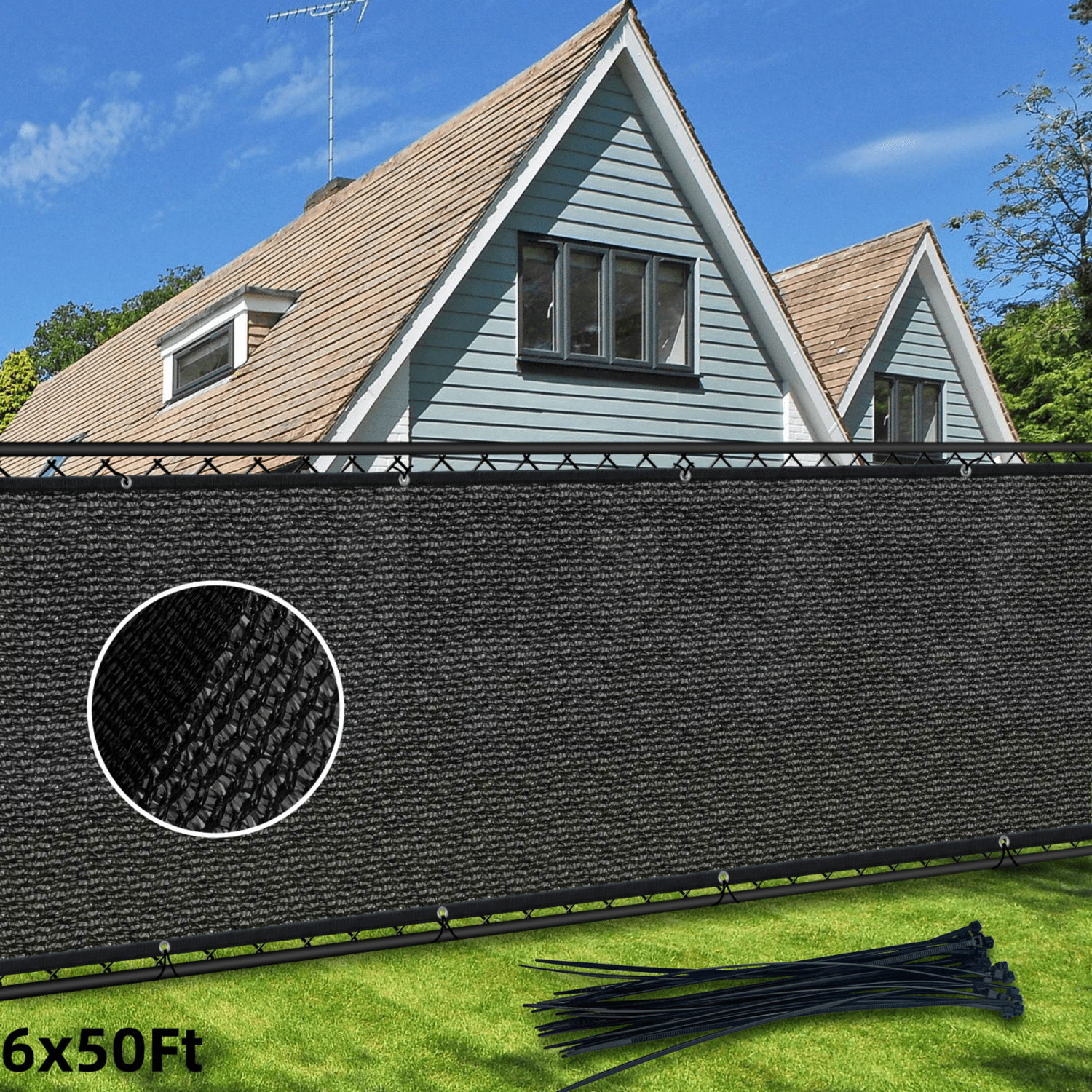 6x50ft Fence Privacy Screen, Outdoor Balcony Shade Cloth with 90% Shade Rating, 170 GSM Polyethylene Fabric Black, 80PCS Zip Ties Included