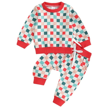 

Wallarenear Toddler Girl Plaid Sweatsuit Long Sleeve Sweatshirt Tops Elastic Waist Pants