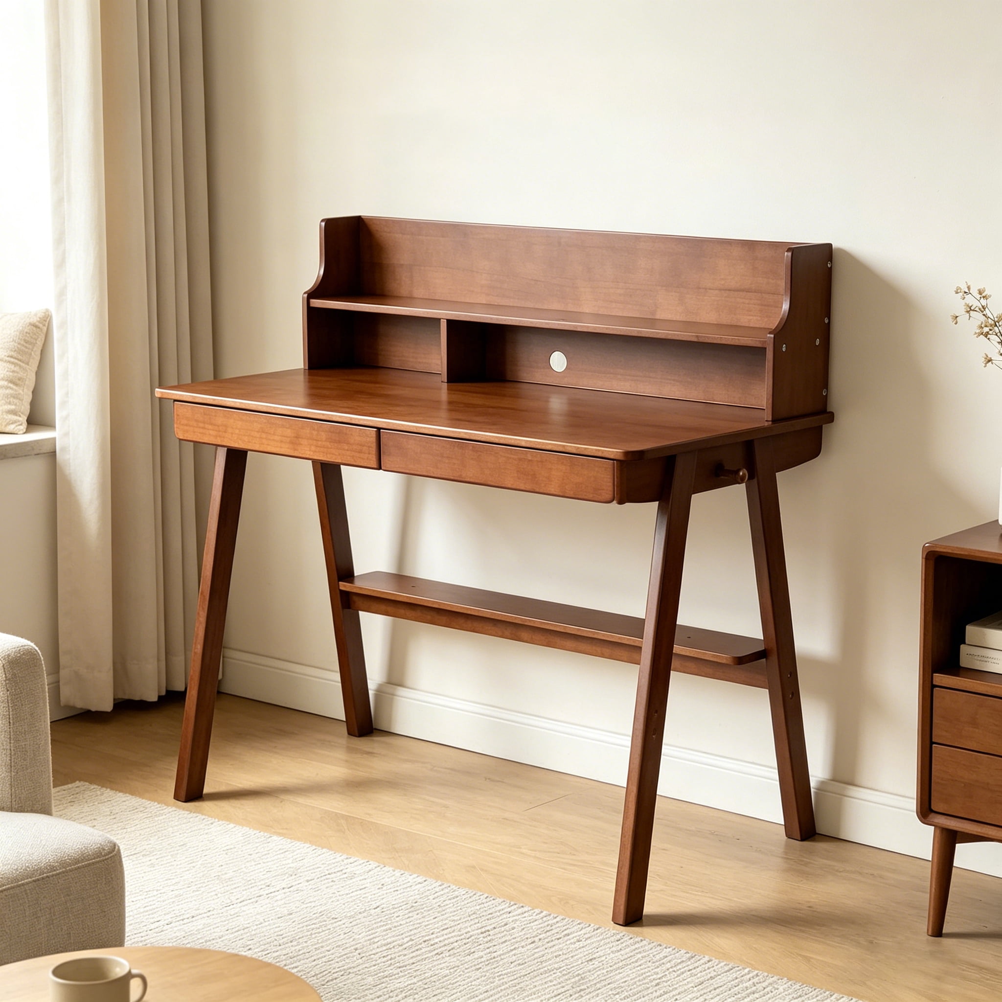Solid Wood Desk with Storage Drawer and Spacious Tabletop, Mid-Century Writing Table and Computer Workstation for Bedroom Home Office, Walnut
