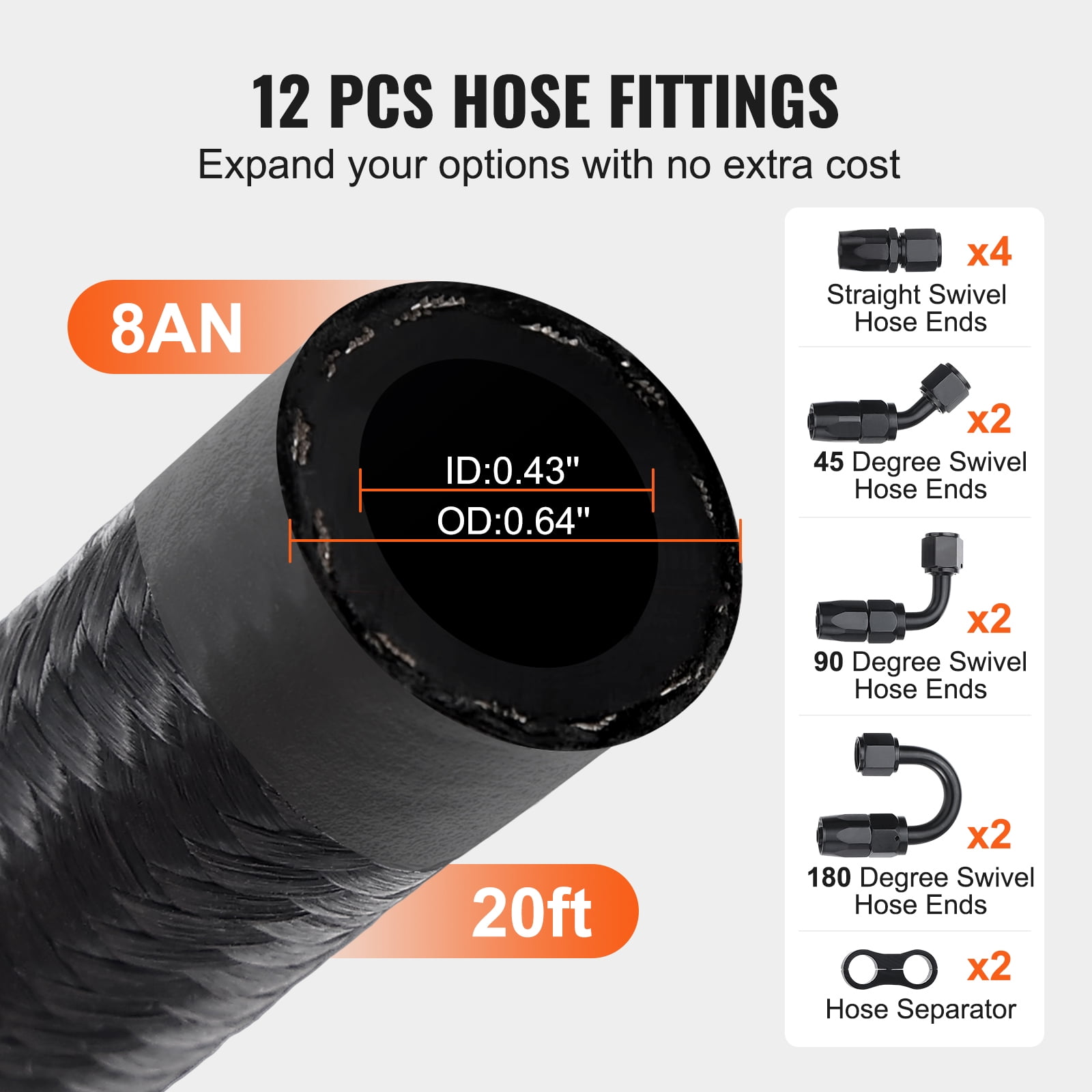 KFFKFF 8AN Fuel Hose Set, 20 FT, 0.43" Nylon & Stainless Steel Woven Oil/Gas/Diesel Line with 12 PCS Rotating Adapter Fittings, Black