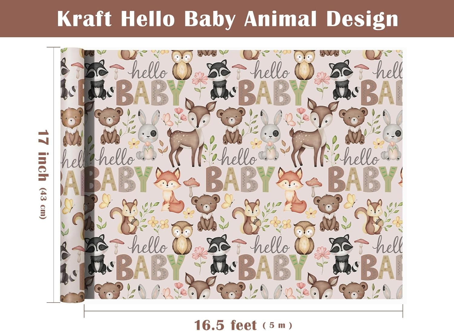 Kraft Baby Shower Wrapping Paper Roll - Mini Roll - 17 Inch x 16.5 Feet - Little Woodland Animal Wrapping Paper for Baby Shower, Kids Girls Boys Birthday