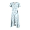 thumbnail image 4 of Women's Summer Floral Print V-Neck Waisted Short Sleeve Dress with Ruffled Hem - Casual A-Line Stretch Dress for Outdoor, Party, or Daily Wear,Blue L, 4 of 5