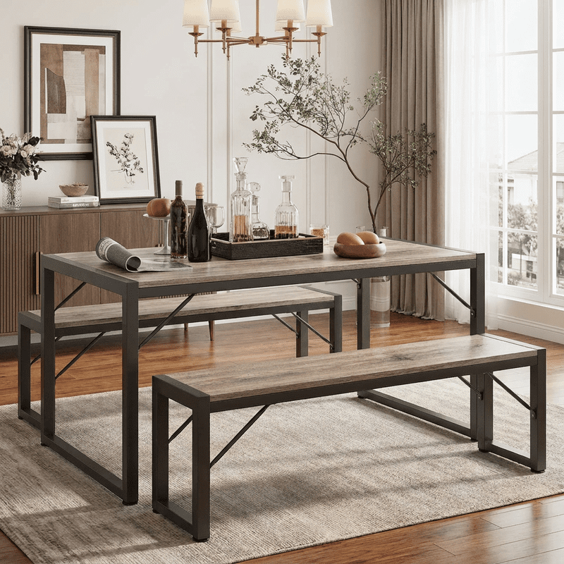 Aiho 3-Piece Dining Table Set - Industrial Kitchen Table & Chairs with Stain-Resistant Oak Top, Space Saving Design for Small Homes, Gray