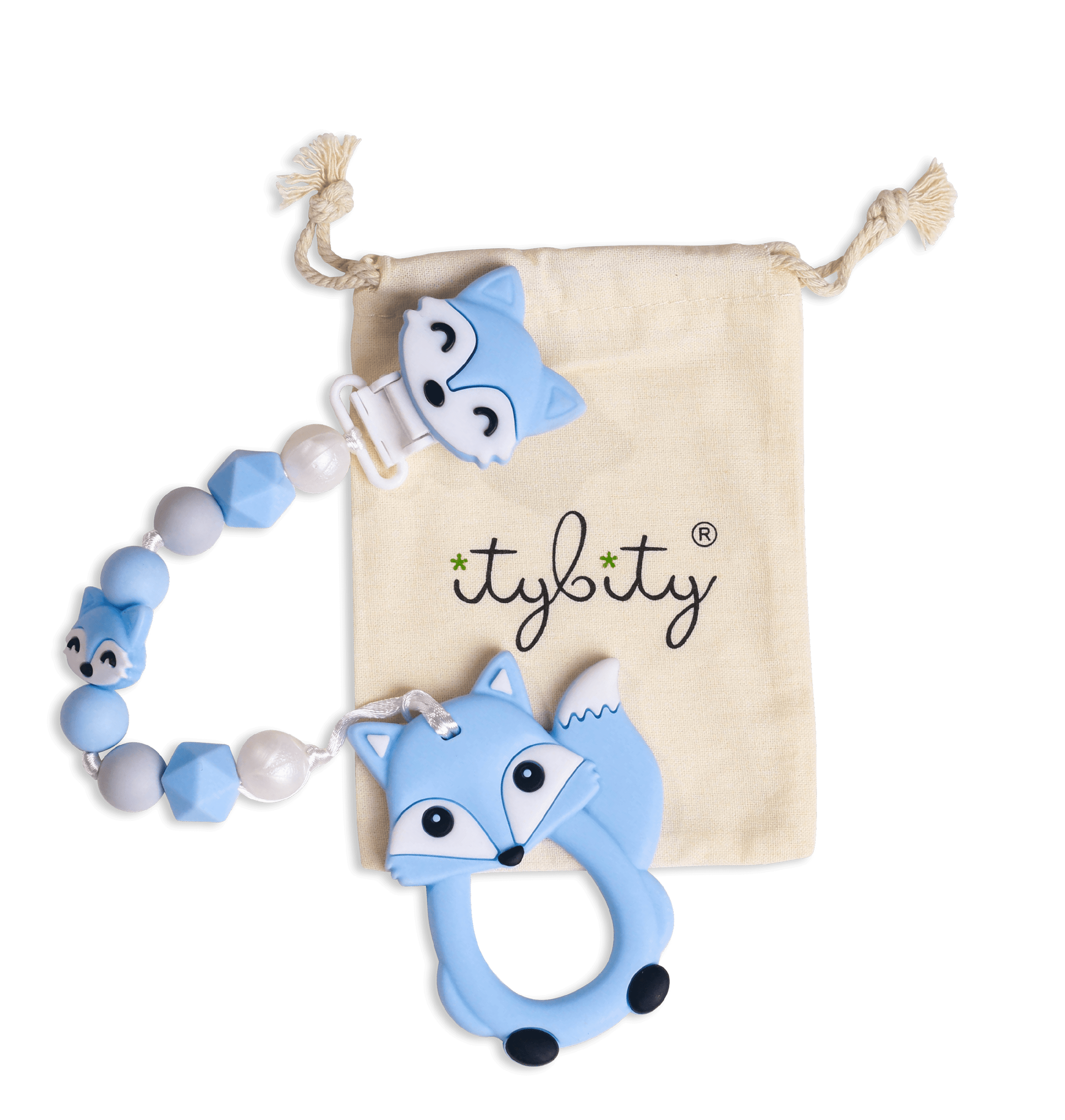 Fox Pacifier Clip and Teether - BPA-Free Infant Teether with Easy-to-Hold Design and Textured Back Side to Massage and Soothe Sore, Swollen Gums (Blue)