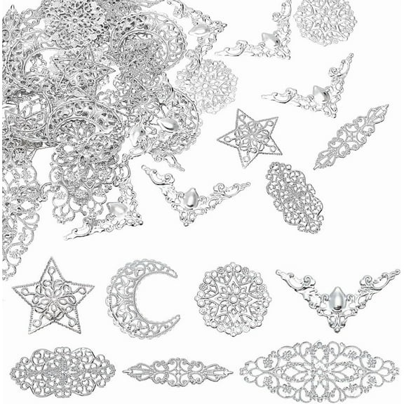 Silver 100Pcs 7 Styles Filigree Charm Pendant Connector Hollow Flower Filigree Charms Tibetan Metal Filigree Corner Findings Embellishments for DIY Hairpin Brooches Necklace Earring Jewelry Making