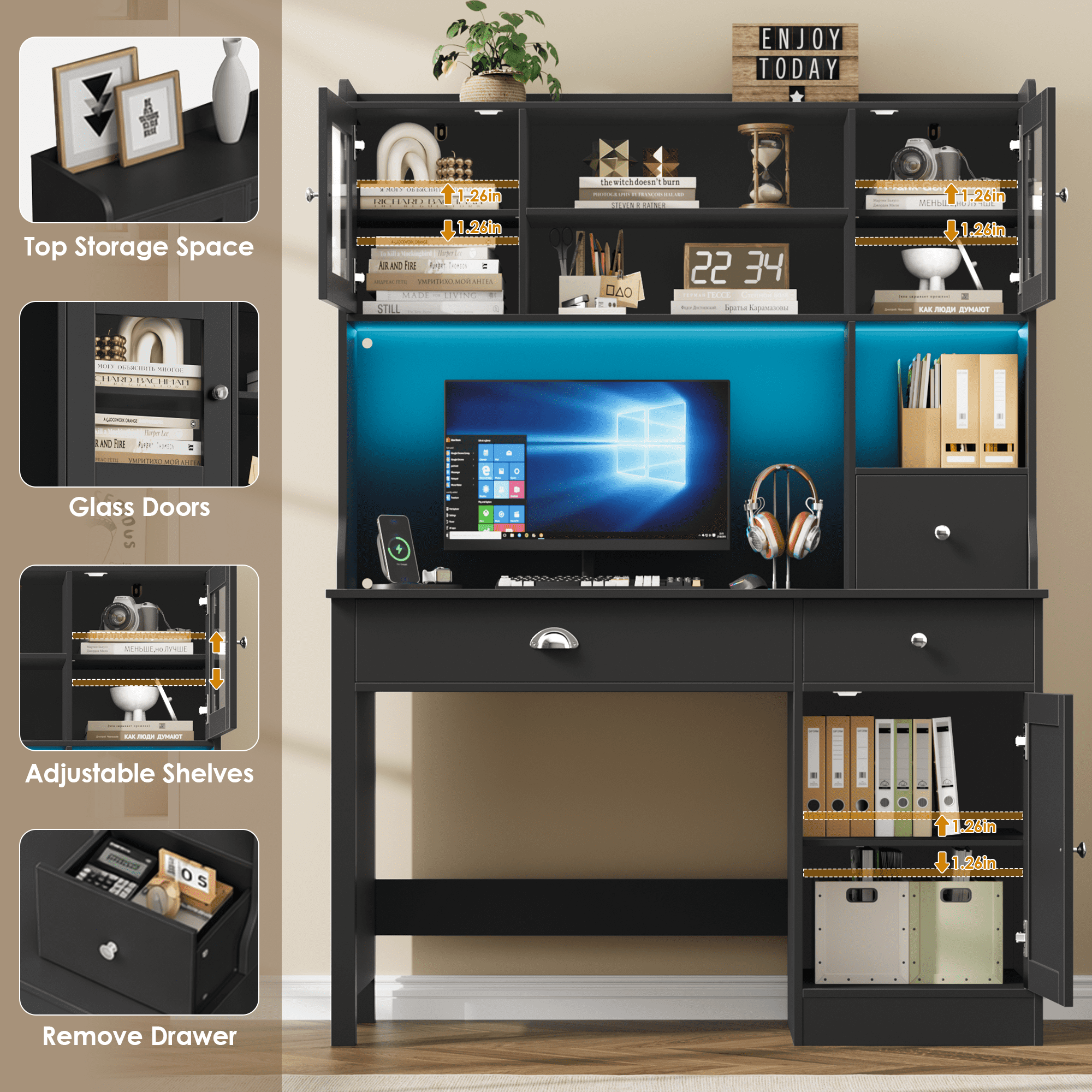 Homfa Executive Desk with Hutch & Power Outlets & LED Lights, Wood Writing Study Table, Home Office Computer Desk with Adjustable Shelves and Drawers, Black