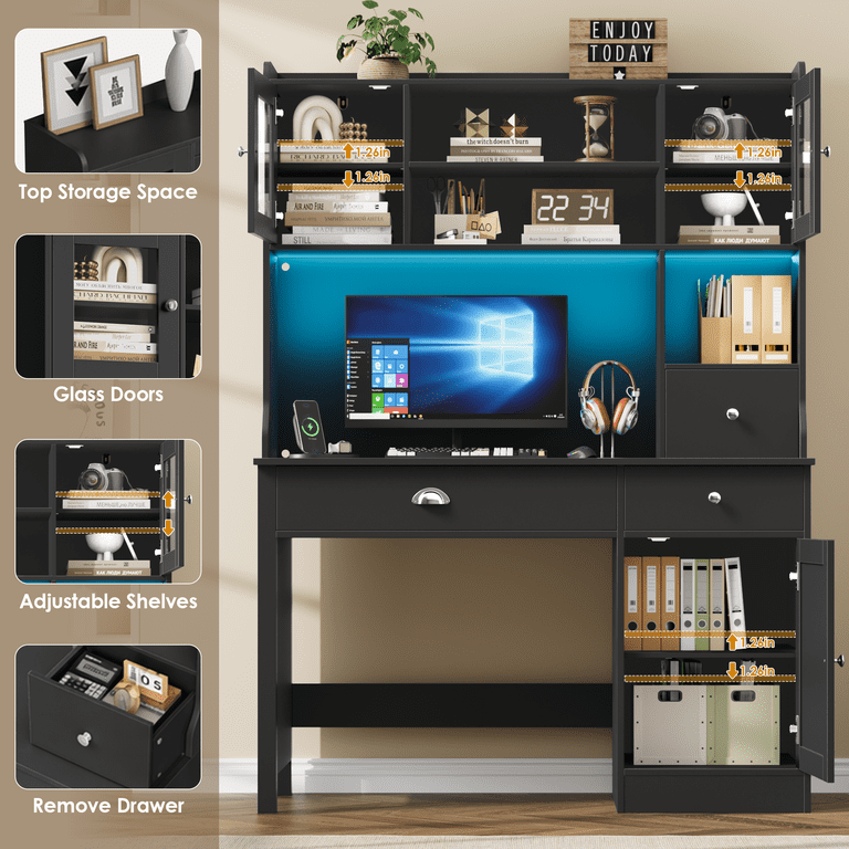Homfa Executive Desk With Hutch, LED Lights, and Storage photo 5