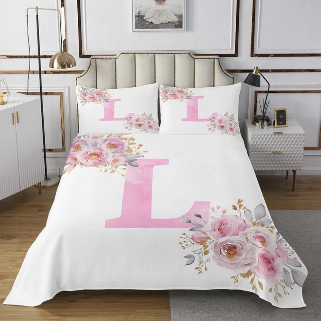 Erosebridal Ensemble de Couvre-Lit Initial L King, Monogramme Floral 02, Décor Initial A-Z
