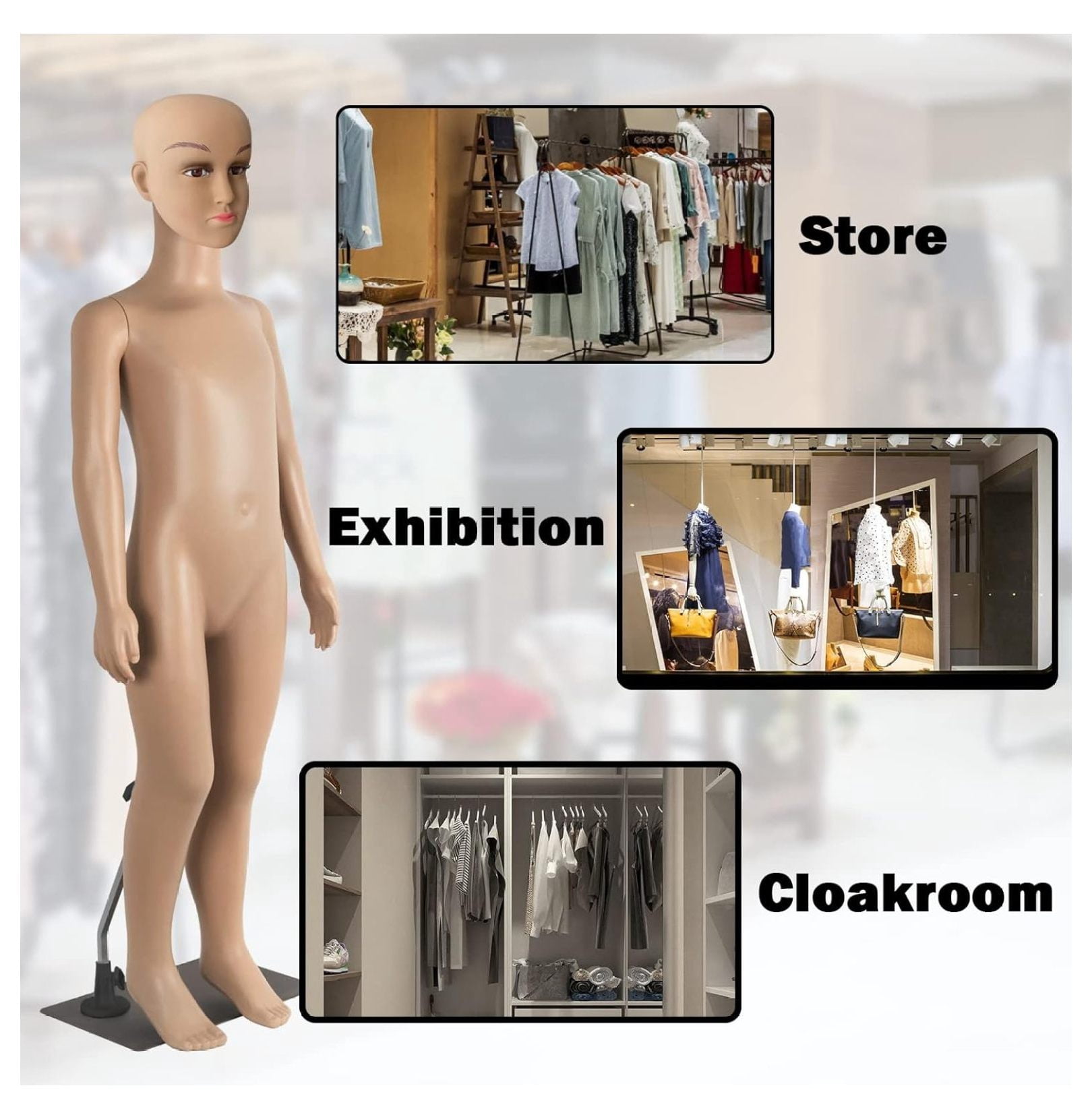 Child Mannequin Full Body Realistic Adjustable Detachable Manikin Display Head Turns Dress Form W/Metal Base 43.3" Height