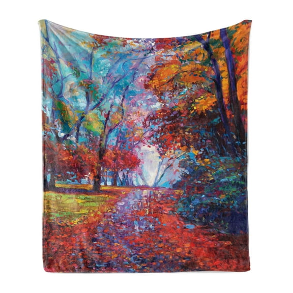 Country Soft Flannel Fleece Blanket, Colorful Fairy Paint of Park in Fall View of the Earth in Oil Painting Style Print, Cozy Plush for Indoor and Outdoor Use, 70" x 90", Multicolor, by Ambesonne