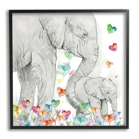 Stupell Industries Elephants with Modern Hearts Animals & Insects Painting Black Framed Art Print Wall Art, 12 x 12