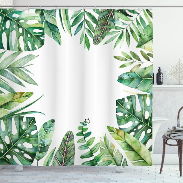 Plant Shower Curtain, Interesting Jungle Themed Picture with Leaves and