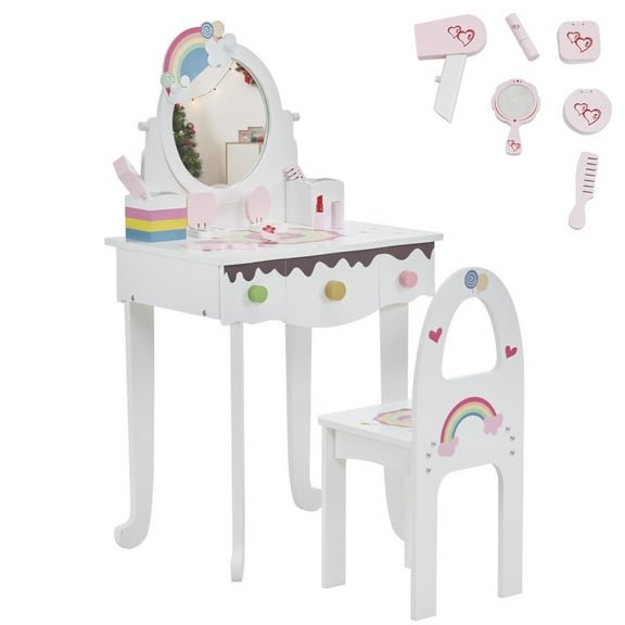 IVV Kids Vanity Set, Table & Chair Set with Round Mirror (Includes 7pcs Pretend Play Makeup Toys), Princess Makeup Dressing Table with 3 Drawers and 2 Tabletop Storage Boxes, White