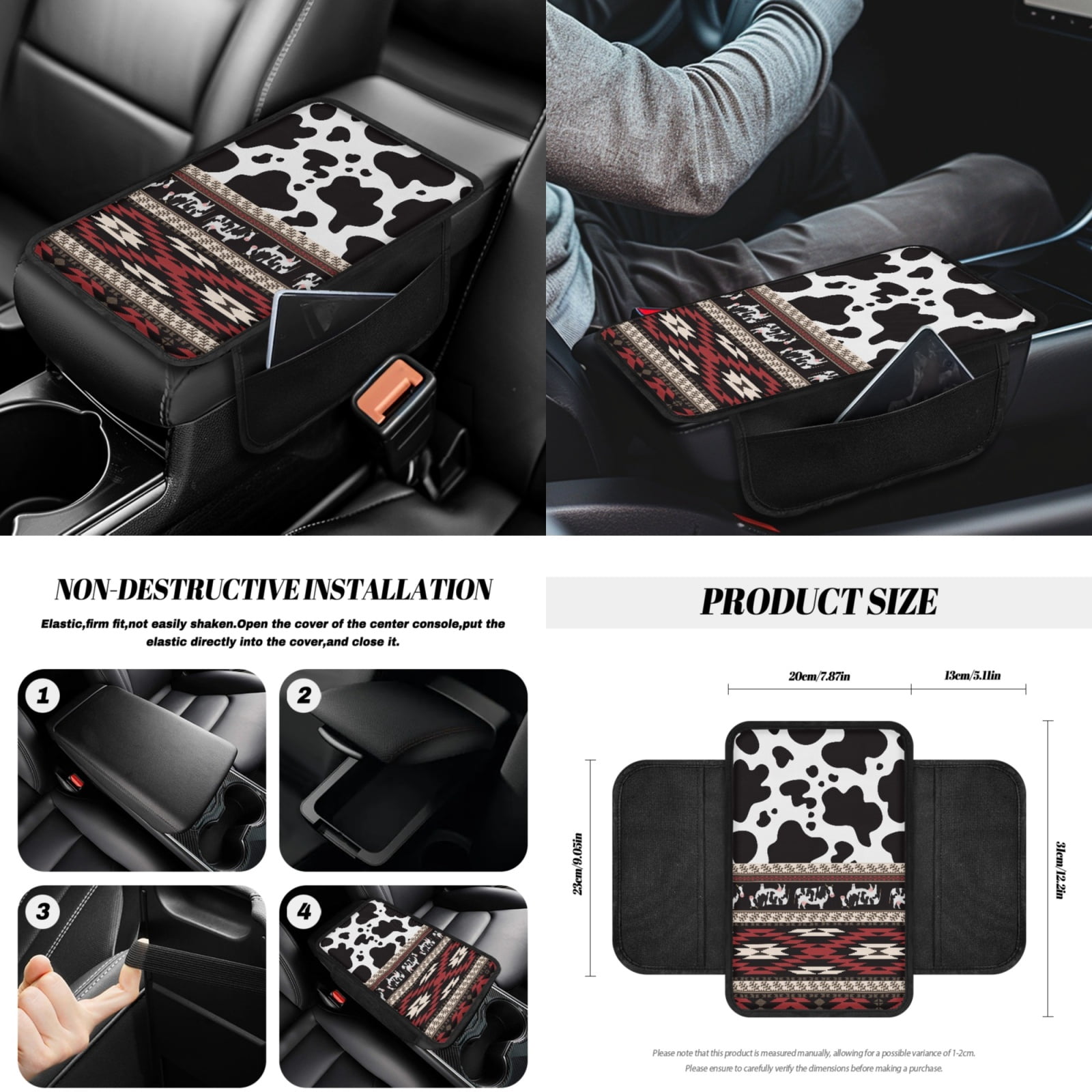 Yuyamidu Cow Print Car Front Seat Cover Set with Steering Wheel Cover Red Aztec Seat Belt Pads Armrest Cover Coasters Trash Bag Air Vent Storage Bag Rearview Mirror Cover Keychain, 12 Pack