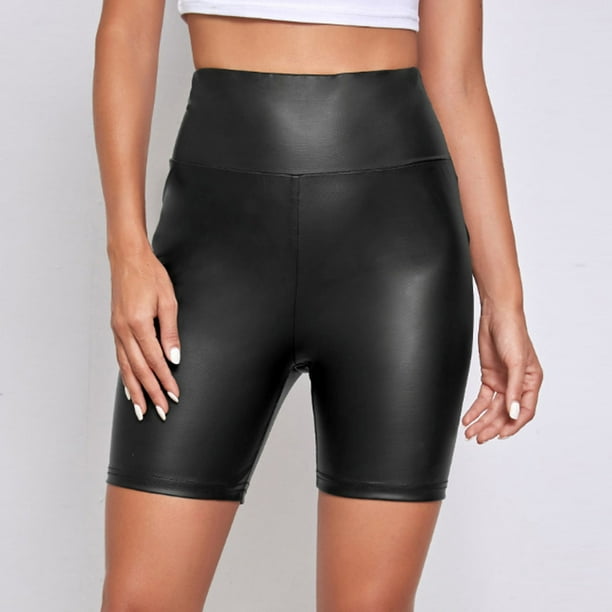 Women's Faux Leather Biker Shorts Stretchy High Waisted Tummy Control  Slimming Yoga Workout Running Gym Shorts 