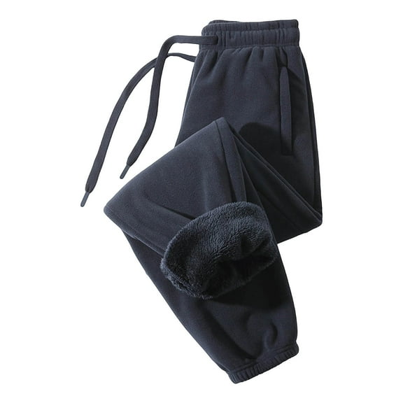 QTBIUQ Mens Solid Color Elastic Drawstring Warm Pants Straight Leg Casual Trousers with Elastic Waistband Bandage Dark Blue