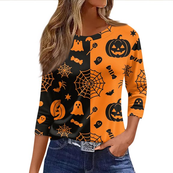 Garbnen Halloween Womens shirts Funny Ghost Pumpkin Spider Web Print 3/4 Sleeve Tops for Women O Neck Holiday Fashion Fall Clothes for Women S