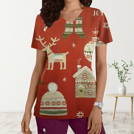 

Today s Deals Clearance Works Scrubs for Women Tops Fashion Summer V-Neck Short Sleeve Workwear Cute Printed Plus Size Scrub Top Wine XL