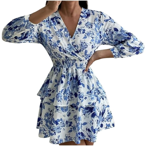 Women's Floral Boho Dress Long Sleeve Wrap V Neck Ruffle A-Line Flowy Mini Dresses Tiered Ruffles Elegant Evening Cake Dress