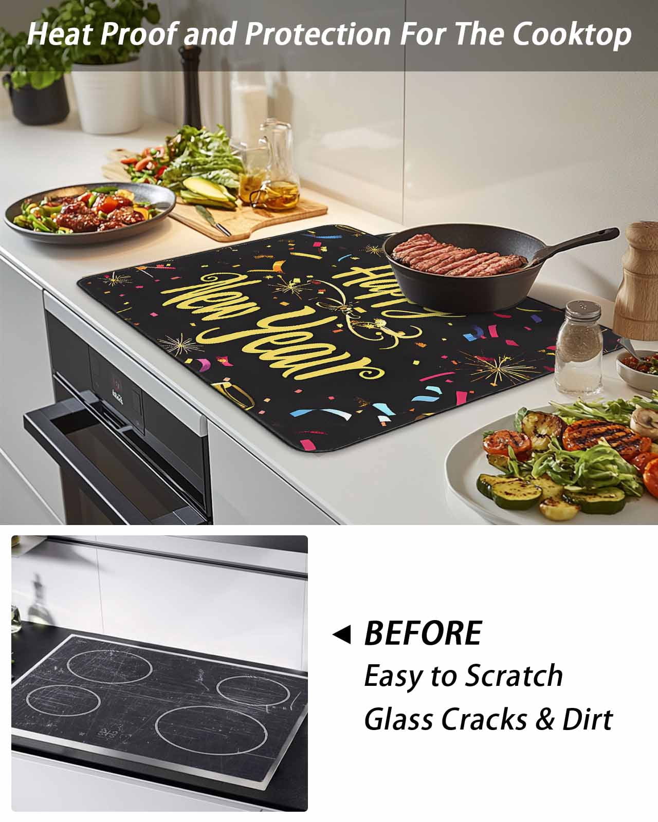 Stove Top Covers for Electric Stove, Happy New Year Glass Stovetop Cover Protector, Colorful Modern Abstract Art Induction Cooktop Protector Oven Mat for Kitchen Countertop 24"x21"