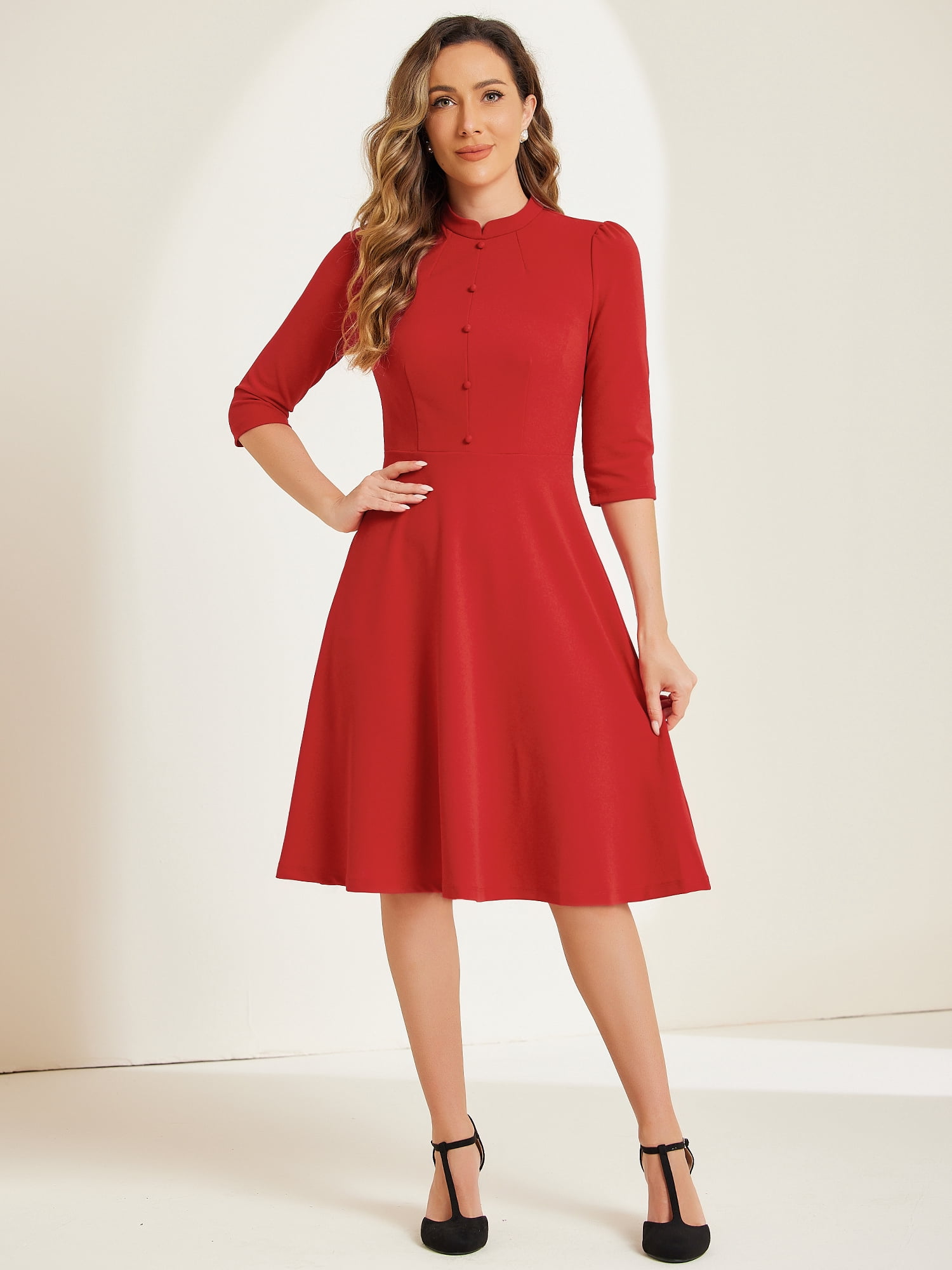 DARING DIVA Women's Vintage 3/4 Sleeve Church Semi Fit and Flare Dress XS Red