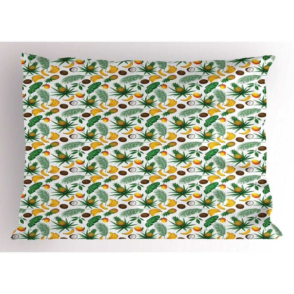 Banana Leaf Pillow Sham Exotic Nature of Caribbean Islands Pattern with Fresh Coconut Pineapple