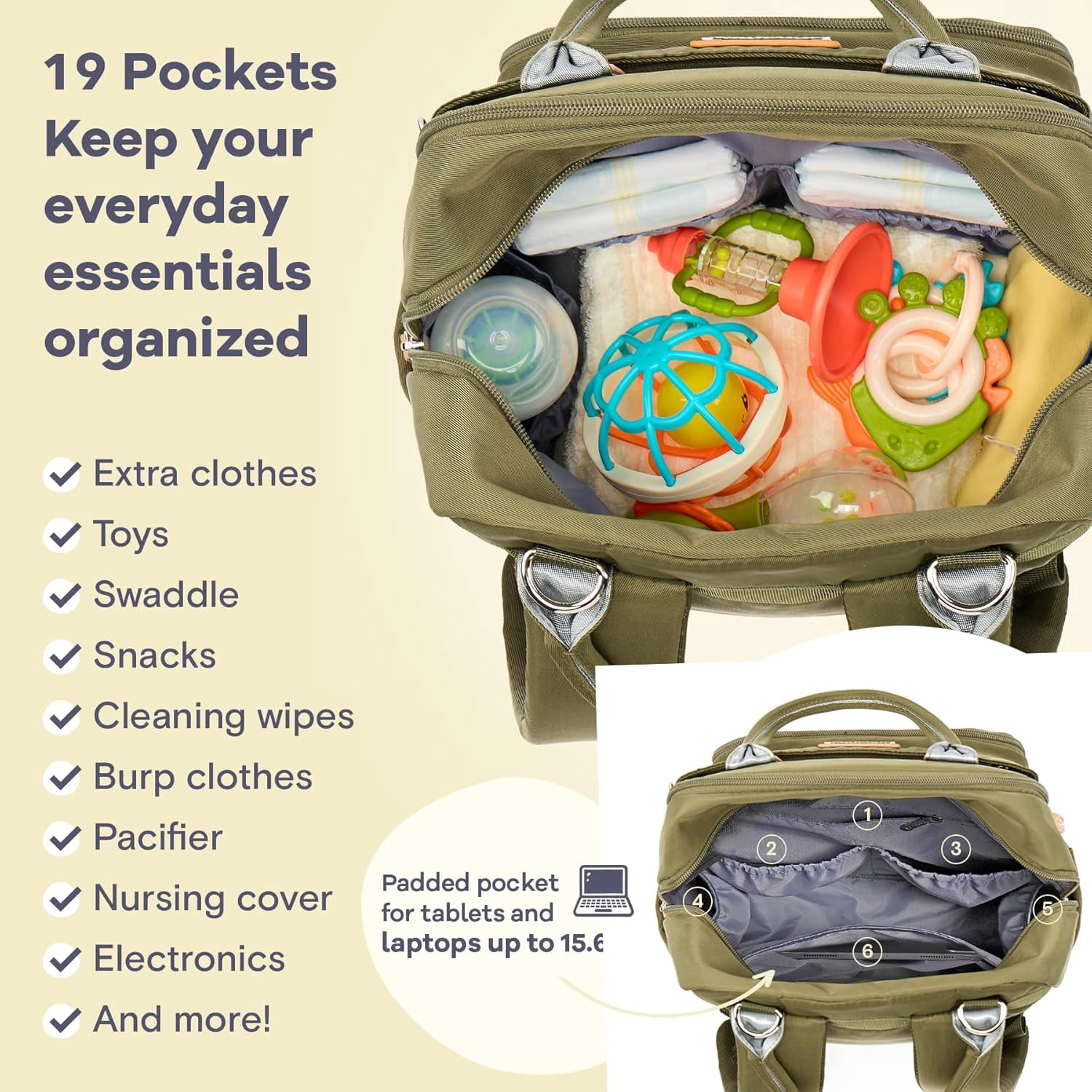 RKXQTDiaper Bag Backpack, Multifunction Travel Pack Maternity Baby Changing Bags, Large Capacity, Waterproof, Army Green