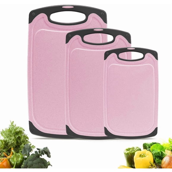 Cutting Boards Kitchen Cutting Board (3-Piece Set) Chopping Boards- Plastic Cutting Boards Set, Juice Grooves, BPA-Free and Dishwasher Safe (Pink)