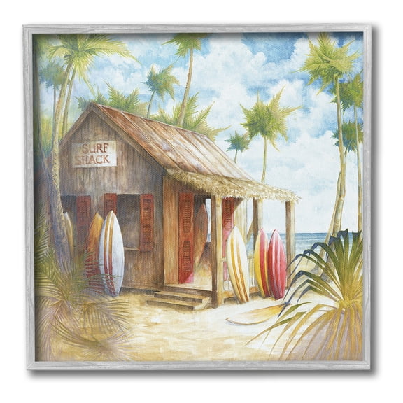 Stupell Industries Summer Surf Shack Landscape Painting Gray Framed Art Print Wall Art, 12 x 12