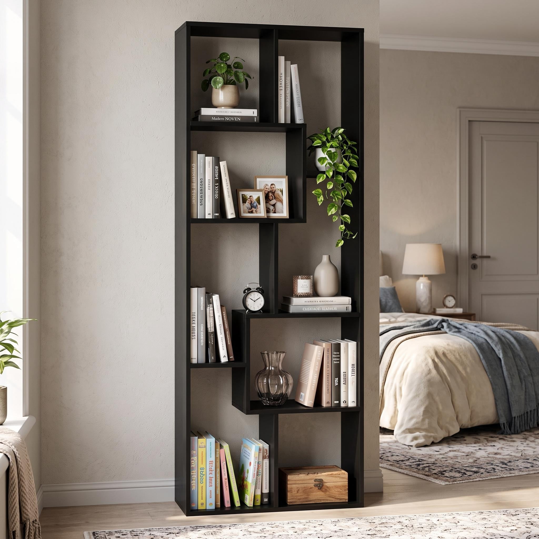 Homy Casa 71" Tall Geometric Bookcase, Open Display Shelf for Living Room & Home Office, Black