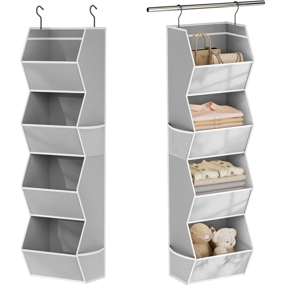 PLERISE 4 Shelf Hanging Closet Organizer, Collapsible Fabric Storage Shelves with Mesh Pockets for Clothes, Grey, 1 Pack