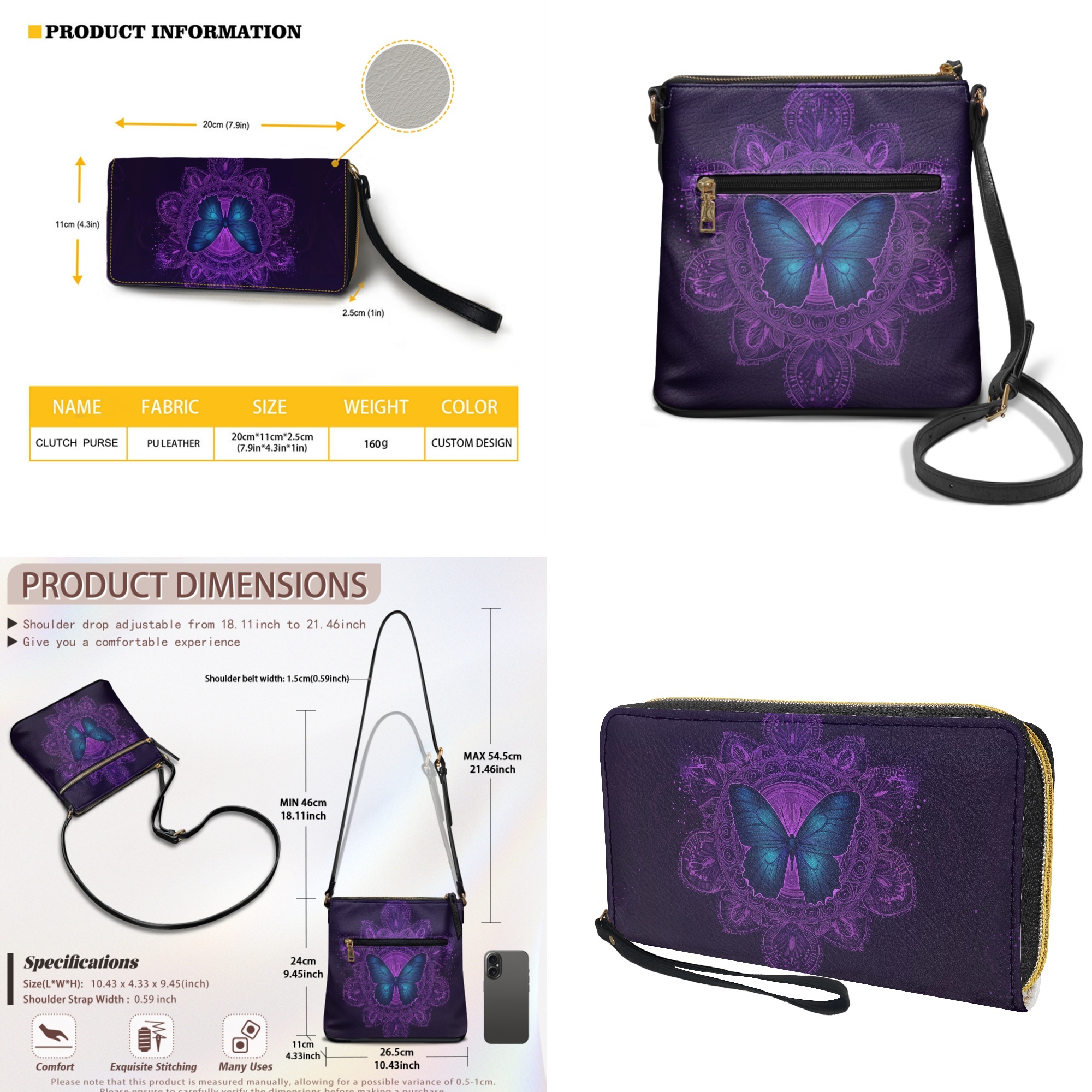 ZUXONGSY Boho Mandala Butterfly Print Women's PU Leather Crossbody Satchel & Wallet Set, Spacious Hobo Purse with Adjustable Strap for Work & Travel