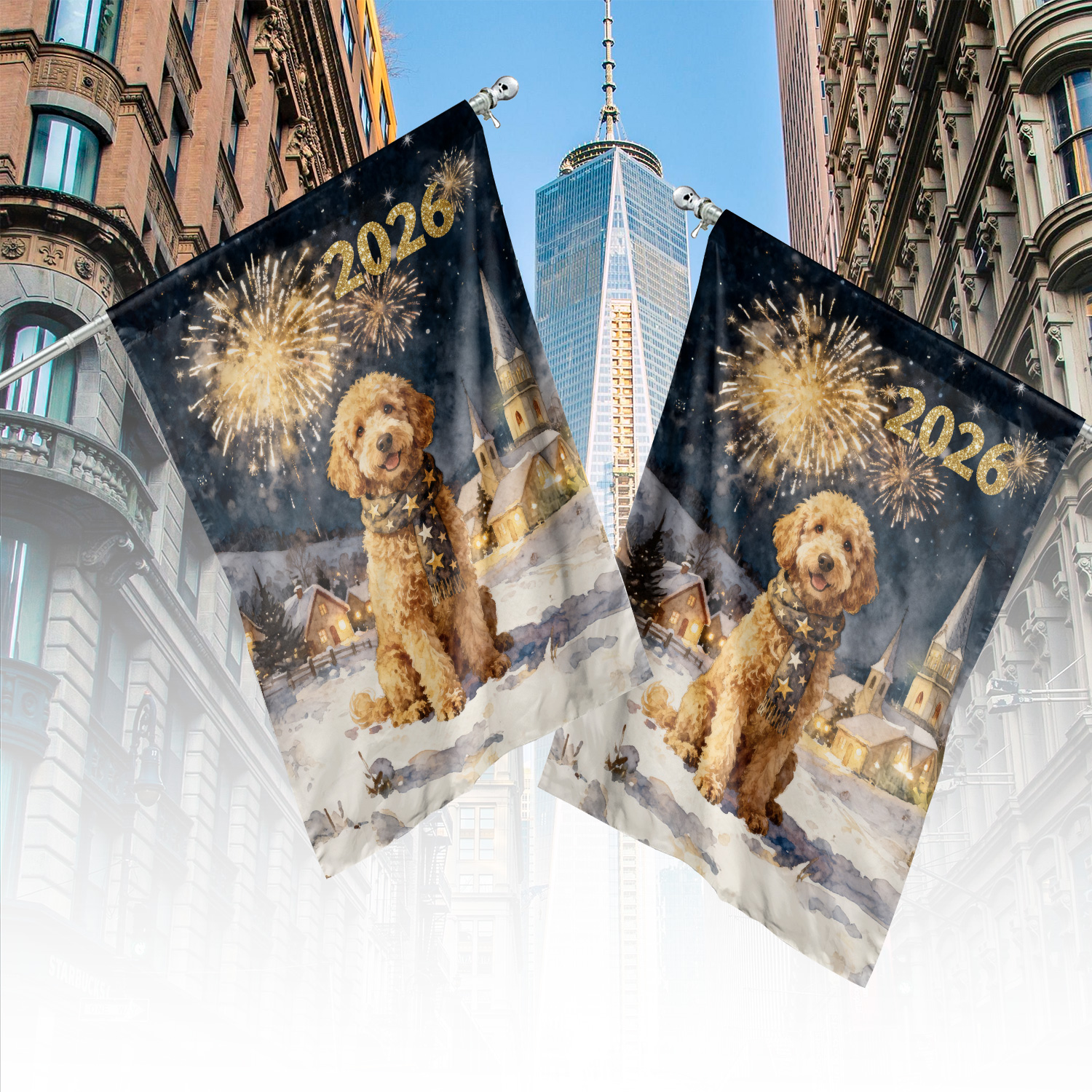Goldendoodle Happy New Year 2026 with Fireworks on New Year's Eve House Flag 28x40in Double Sided Doodle Dog Lover Gifts Idea Outdoor Decor - 12022