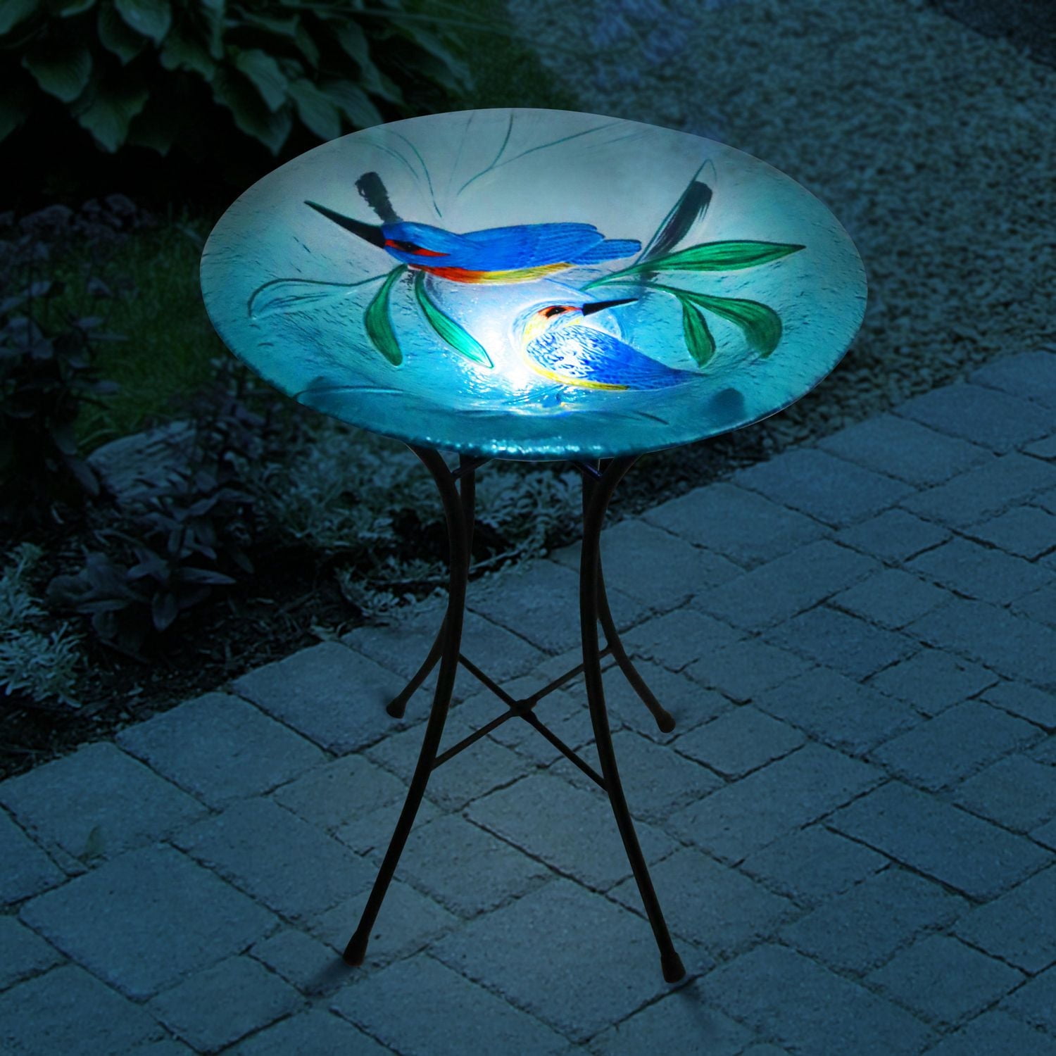Angelo Décor 18.3-inch tall Hummingbird Harmony Glass Birdbath with Metal Stand and Solar Light